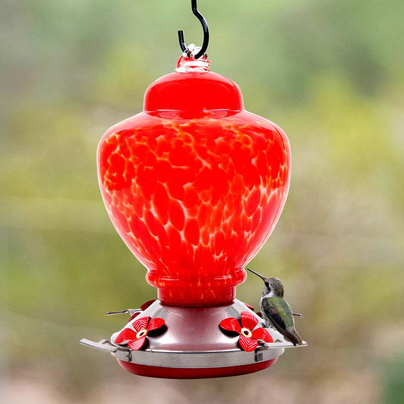 Hand Blown Glass Hummingbird Feeder - 38 Ounces - Libiyi